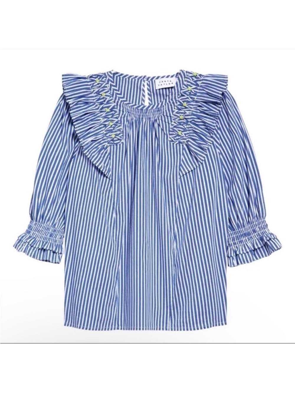 Tanya Taylor Pilar Striped Ruffle-Trim Blouse size 8 Blue White Cotton Blend